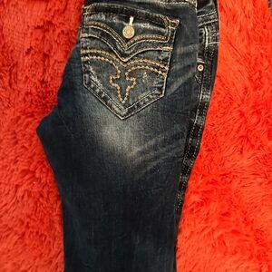 Rock Revival Dark Blue Jeans with Tan Stitching